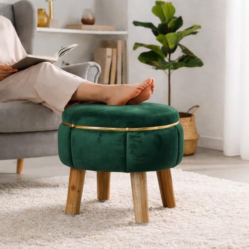 Image of Velvet Upholstered Round Ottoman Footstool | Anti-Slip Feet | Multipurpose Footrest, Step Stool & Vanity Seating & Decor | 40 x 30 cm (16 x 12 Inch) | Green