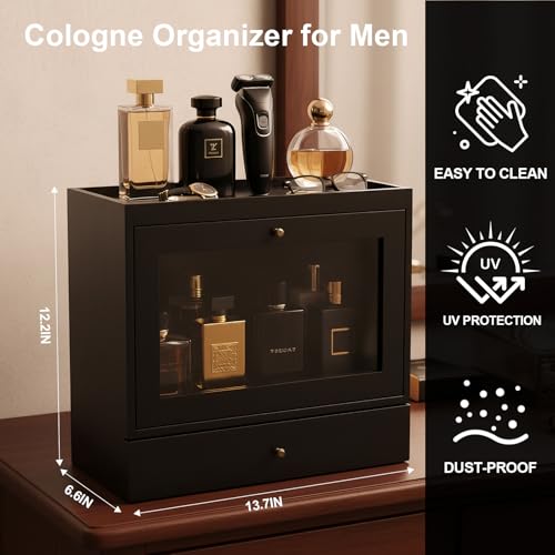 Image of Cologne Organizer for Men Women,Perfume Stand Holder,Cologne Shelf, Solid Wood Cologne Stand with Drawer Storage and Clear Window,Organizador de Perfumes,Perfume Stand Organizer,Black