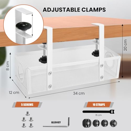 Image of Dyazo Adjustable Under Desk Cord Organizer | Screw Clamp Mesh Tray for Power Extension & Computer Wires | Includes Cable Clips & Tighteners Straps | Perfect Cable Management Holder for Office - White