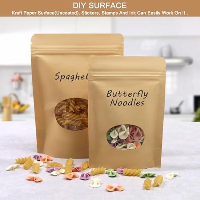 SumDirect 100Pcs Kraft Paper Bag Zip Lock,Stand-up Reusable Sealing Bag with Transparent Window and Tear Notch for Storing,Cookie,Dried Foods,Snack (7x 10 Inch-100Pcs)