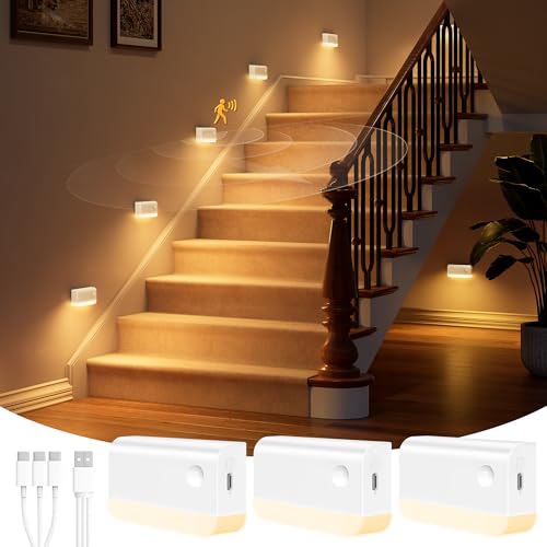 Image of NIORSUN Motion Sensor Stair Lights Indoor, 3 Pack Rechargeable Wireless Step Lights with 3 Color Temperatures, 1200mAh Battery, Magnetic Base for Hallway, Closet, Bathroom, White