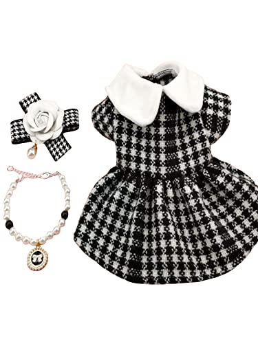 QWINEE-3pcs-Dog-Dress-Flower-Bow-Necklace-Set-Geometric-Princess-Dress-with-Flower-Bow-Deco-Puppy-Skirt-with-Pearls-Jewelry-Necklace-for-Small-Medium-Cats-Dogs-Kitten-Black-and-White-M