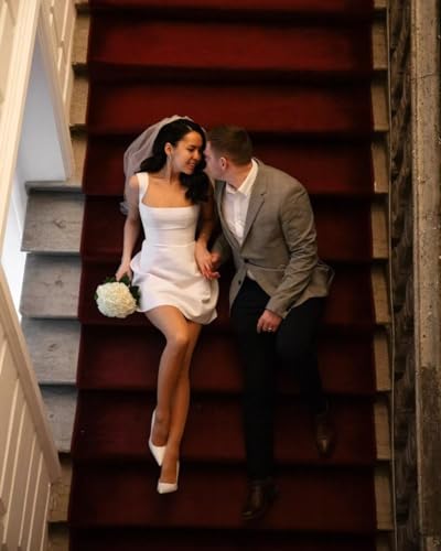 Image of Spaghetti Straps Short Homecoming Dresses Sqaure Neck Satin Mini Cocktail Dress Wedding Party Gowns
