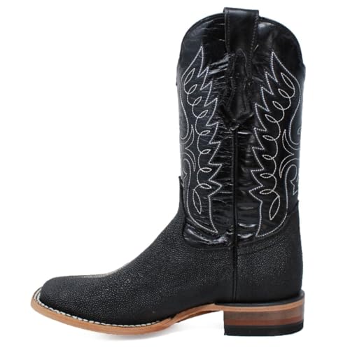 Men’s Genuine Leather Stingray Single Stone Print Square Toe Black Cowboy Western Boots3