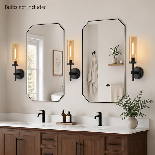 Image of MOKATNG Hardwired Wall Sconces Set of Two, Matte Black Bathroom Sconces with Amber Glass, Modern Wall Light Fixtures for Bathroom Mirror Vanity, Living Room, Hallway, Stairway, Cabinet, Foyer