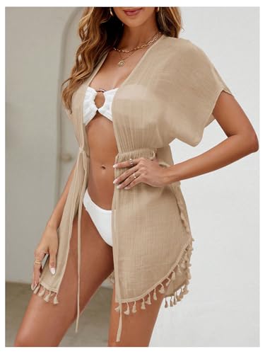 MakeMeChic Women's Tassel Trim Mesh Sheer Kimonos Deep V Neck Short Sleeve Swimsuit Cover Up3