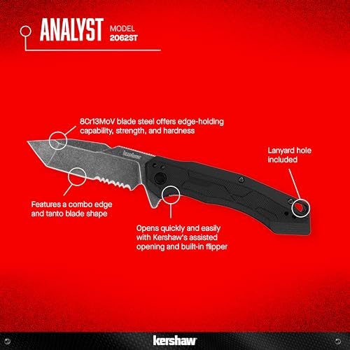 Image of Kershaw Analyst Pocket Knife, Black, 3.25 Inch Stainless Steel Tanto Plain Edge Blade, EDC with Assisted Opening, 4-Position Clip Carry, Everyday Carry Pocket Knife for Men and Women