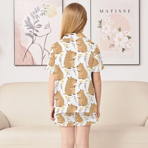 ALAZA Cute Capybara Leaves Pajamas Satin Pajama Set Short Sleeve Button Down Sleepwear4