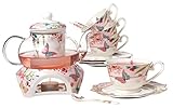 Jusalpha Fine Bone China Coffee Cups Flower Series Teacup Saucer Spoon with Teapot Warmer & Filter, 16 pcs in 1 set (FL-Glass pot 02)