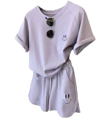 [JudyRose] セットアップ レディース Tシャツ 半袖 ショートパンツ 夏 ルームウェア スポーツウェア 大きいサイズ カジュアル 楽ちん (パープル, L)の商品画像（Amazon）