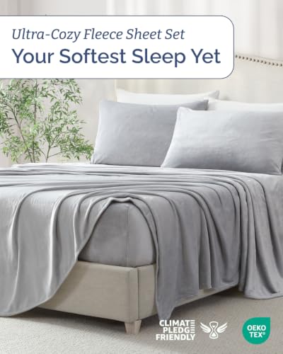 Image of Fleece Sheets Cal King Size Set - 4-Piece Velvet Flannel Sheet Set - Grey