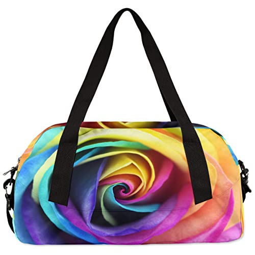 Bolsa esportiva infantil com flores rosas coloridas e arco-íris, bolsa de ginástica, bolsa de dança