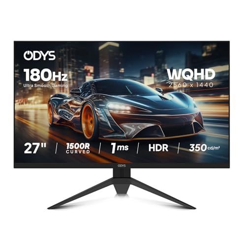 ODYS i27-Q-180-27 Zoll Gaming Monitor (69 cm Bildschirm, WQHD, 2.560x1.440 Pixel, 180 Hz, 1ms Reaktionszeit (MPRT), Fast IPS Panel, 120% sRGB, FreeSync, 2X HDMI, 2X Display Port)