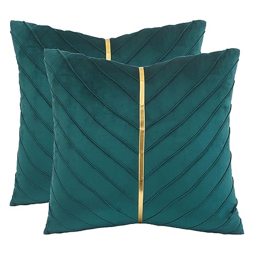 Image of Velvet Throw Pillow Covers 18x18 Pack of 2 Gold Decor Peacock Blue