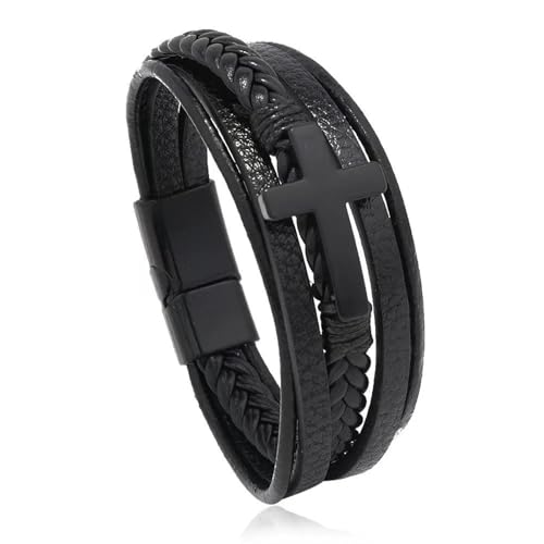 Bracelet homme en cuir tressé noir avec croix multicouche