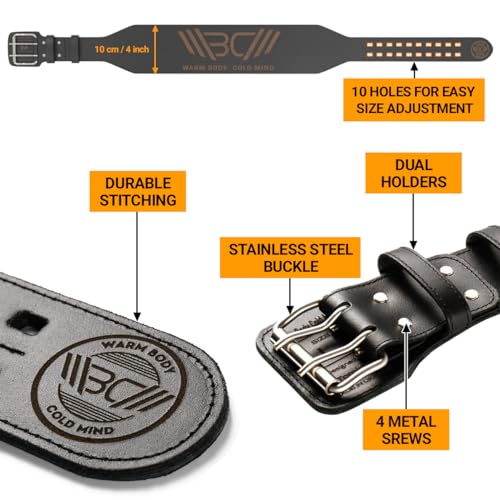 WARM BODY COLD MIND Weight Lifting Belt - 100% Leer/10cm - Gewichthefriem voor Olympische Gewichtheffen Bodybuilding Gym Powerlifting Deadlift Training, Fitness (Zwart, S (72-88cm)) - Afbeelding 4