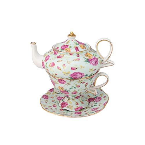 Gracie China by Coastline Imports 4-Piece Porcelain Tea for One, Stacked Teapot Cup Saucer, Blue Cottage Rose Chintz