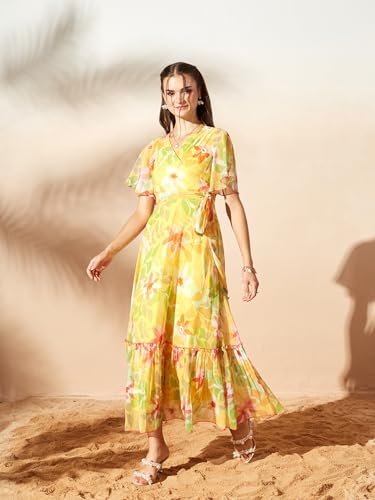 Image of Miss Chase Women's Floral V-Neck Flutter Sleeve Wrap Chiffon Maxi Dress