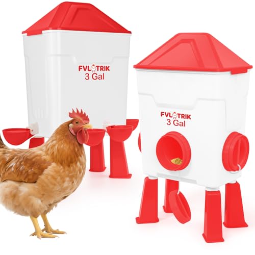 Fvlotrik 3 Gallon Chicken Waterer and Feeder Set with Legs 2.75 Watering Cups & 3.5 Feed Ports for Large Beaks Automatic No-Waste Feeders and Waterers Easy No-Tools Assembly