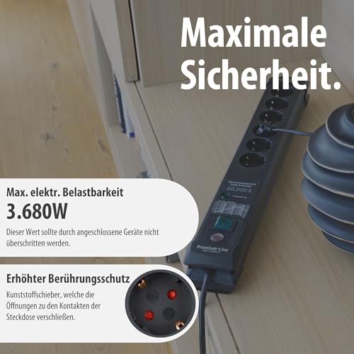 Brennenstuhl Premium-Line Steckdosenleiste 6-Fach mit Überspannungsschutz bis zu 60.000A (Mehrfachsteckdose mit Schalter und 3m Kabel, Steckdosenleiste Wandmontage, Made in Germany) schwarz
