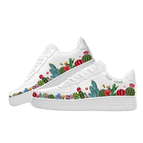 Custom Name Low Top Cactus Sneakers for Womens, Personalized Cute Plant Print Casual Everyday Walking Shoes, White Fashion Sneakers to Wear with Dresses