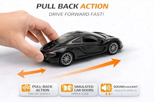 Image of 1:36 Scale McLaren 720S Toy Car - Die-Cast Metal Pull Back Vehicle with Openable Doors, Lights & Music - Sports Model for Kids, Boys & Collectors (Black)