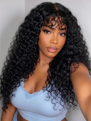 UNICE Shaggy Curly Human Hair Wig with Bangs 24 inch