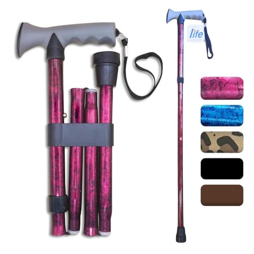 Life Healthcare Walking Stick Comfort Gel Handle For Arthritis, For Elderly Disabled, Folding Adjustable Height, Plain Black, Right Or Left Handed, With Non-Slip Rubber Tip, Wrist Strap, Lightweight