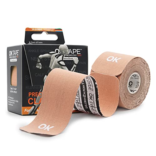 Ok Tape Kinesiology Tape (2In X 16.4Ft Precut Roll) - Original Cotton Elastic Premium Athletic Tape For Knee Pain, Elbow & Shoulder Muscle - Perfect For Any Activity - Beige #TOP22