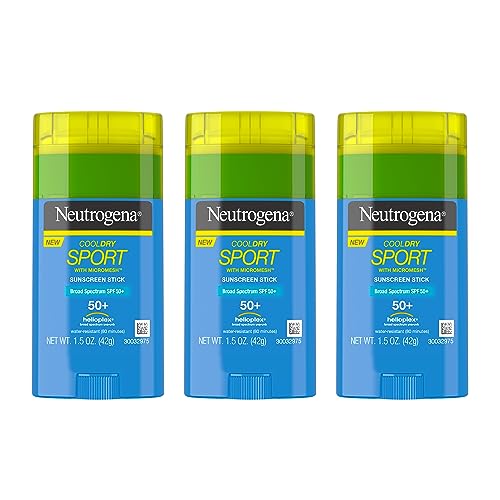 Neutrogena CoolDry Sport Sunscreen Stick with Broad Spectrum SPF 50+ UVA/UVB Protection, Sweat- & Water-Resistant Sunscreen Stick for Face & Body, Oil- & PABA-Free Formula, 1.5 oz (Pack of 3)