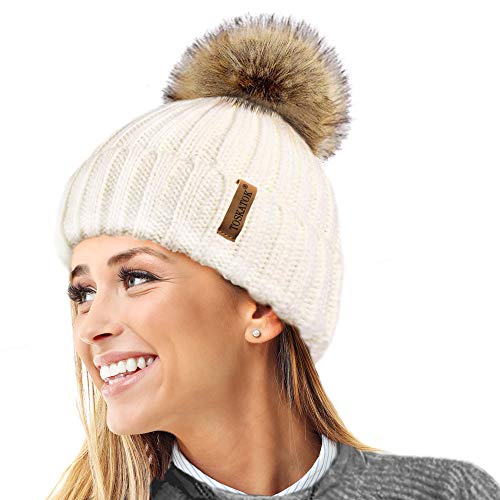 TOSKATOK® Womens Winter-Rib Strickmütze/Beanie mit abnehmbaren Chunky Faux Fur Bobble Pom Pom-Cream