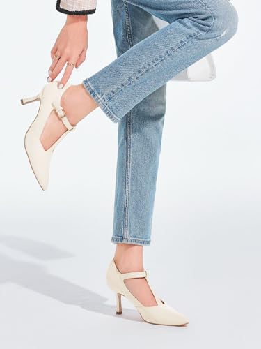 Coutgo Womens Mary Jane High Heels T Strap Closed Pointed Toe Pumps Buckle Work Office Dress Shoes2