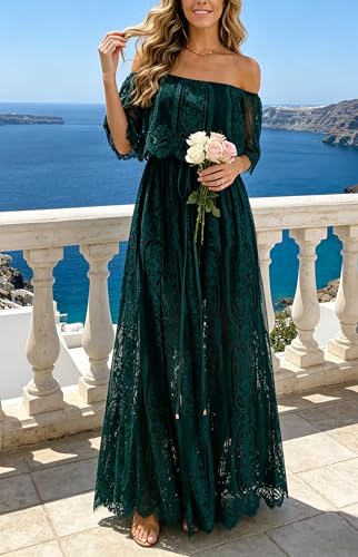 Image of Cercis Womens Off The Shoulder Floral Lace Maxi Wedding Dress Boho Flowy Wedding Guest Formal Long Dresses