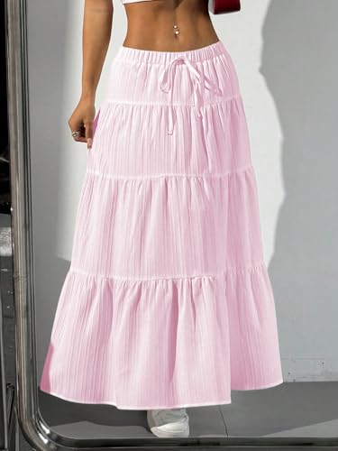 Image of Verdusa Women's Long Maxi Skirt Boho Flowy Flared Ruffle Skirts 2026 Beach Vacation Summer Going Out Outfits