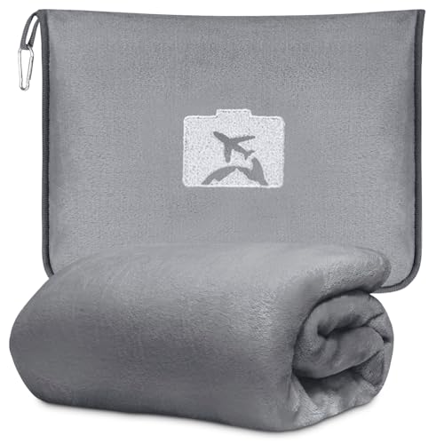 Couverture de Voyage 2 en 1 - Douce et Chaude pour Avion et Voiture - Portable avec Housse à Bagages et Clip Sac à Dos - Coussin Transformable Ultra Légère