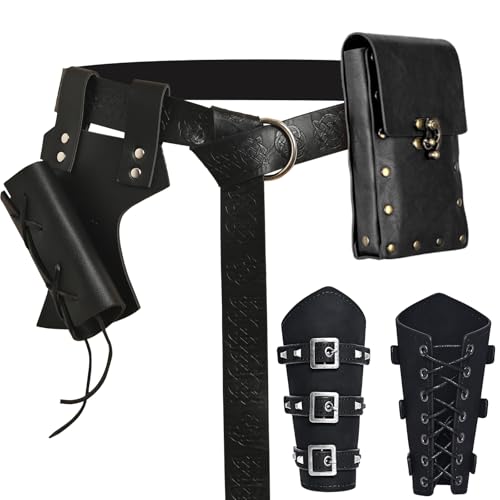 NFAUEIK Renaissance Accessories Viking Renaissance Belt Medieval Vintage Waist Bag Leather Arm Protector and Sword Set (Black)