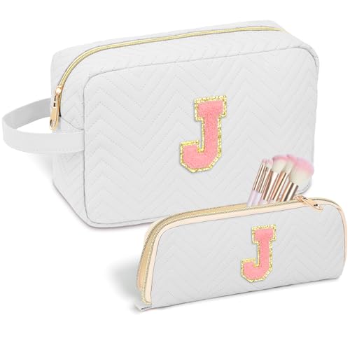 Personalized Initial Makeup Bag Trendy Stuff Leather Waterproof Cosmetic Bag Travel Toiletry Bag, Makeup Organizer Case Mother's Day/Birthday/Graduation Gifts for Women Girls Mom Girlfriend White.