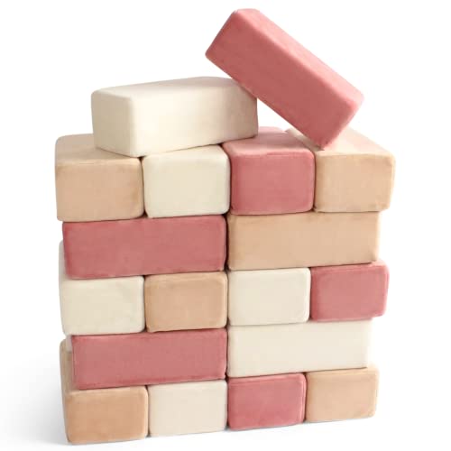 Plush Blocks Set of 24 Soft Building Blocks for Kids - Fabric Covered Toy Foam Blocks for Stacking, Play Time, Making Structures - Promotes Gross Motor Skills - 8.25x4.25x3 (Rose Pack)