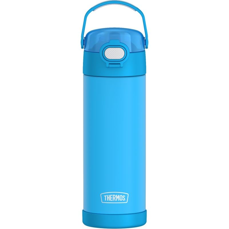 Thermos Kids FUNTAINER Water Bottle 0.47 L, Neon Blue, Children's Stainless Steel, Cold for 12 Hours, Dishwasher Safe, Carbonated Leak-Proof, Drinking Bottle for School