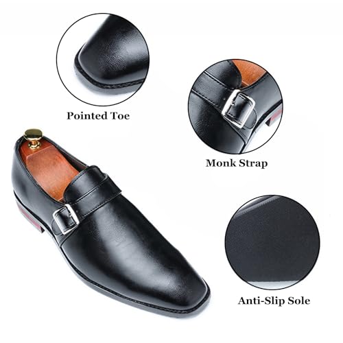 Men's Leather Monk Strap Loafers Fashion Classic Pointed Toe Slip On Low Top Chelsea Formal Business Dress Oxford Shoes3