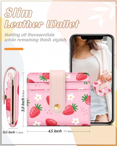 Image of Bistup Small Card Wallet for Women with Keychain, Strawberry | Clear ID Window, Compact Design for Daily Carry, Durable Material, Sturdy Keychain, Aesthetic