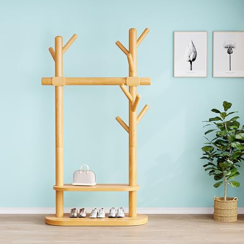 STCERY Solid Wood Hall Tree with Shoe Bench, All-in-One Coat Rack Storage Rack with Hooks, Layering Furniture Organizer, for Hallway, Entrance, Living Room(Beige,75cm/29.5in)
