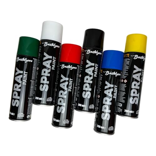 Bastelzone Sprayfarben-Set: 6 Farben je 200 ml. Schnelltrocknende Graffiti-Sprühdosen für Holz, Stein, Metall, Glas. Schwarz, Weiß, Blau, Grün, Rot, Gelb