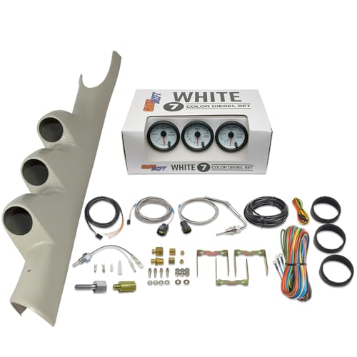 GlowShift Diesel Gauge Package Compatible with Dodge Ram Cummins 2500 3500 2003-2009 - White 7 Color 60 PSI Boost, 1500F EGT & Transmission Temp Gauges - Factory Color Matched Triple Pillar Pod