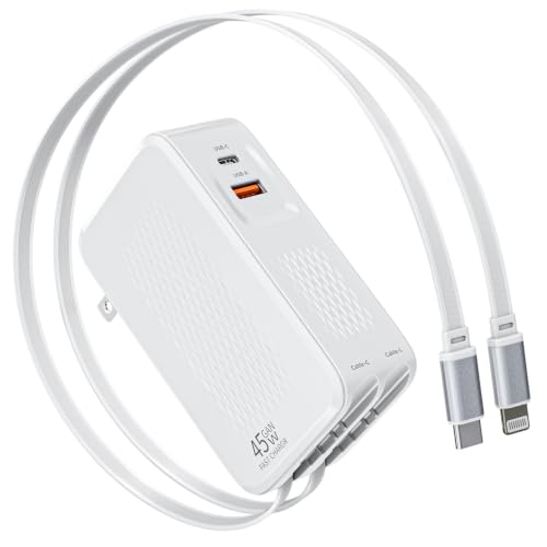 Retractable iPhone Charger Fast Charging 4 in 1 Retractable Wall Charger 45W Travel Essentials Multiport Plug Foldable Block Lightning &USB C Cables for iPhone 17Pro Max/16/15/14/13/12/11 iPad AirPods