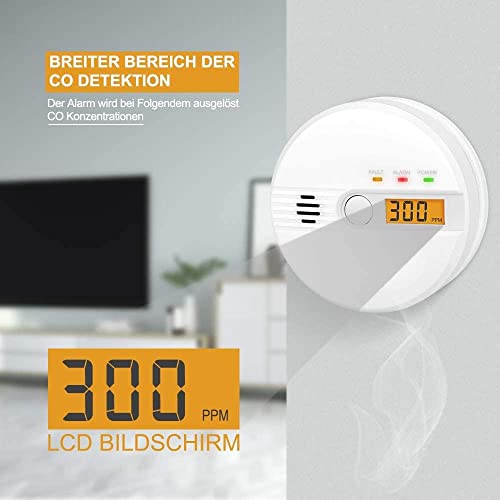 Kohlenmonoxid Warnmelder LCD Anzeige CO Melder 85Db Alarm Kohlenmonoxidsensor Kohlenmonoxid Melder mit Prüftaste Batteriebetrieb(ohne Batterien) GAS-96776