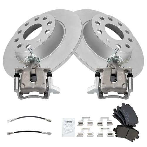 Image of TRQ Rear Brake Pad and Rotor Set Semi Metallic G Coated Rotors Calipers Compatible with 2010 Volkswagen Golf 2010 Jetta