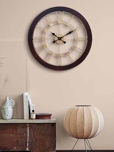 Image of CHRONIKLE Elegance Round Rosewood Wooden Wall Hanging Clock Analog Roman Numerals Golden Dial Iron for Home Office Decor Living Room Bedroom (Size: 59 x 4.5 x 59 CM | Weight: 3010 Gram)