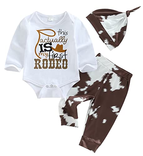 Image of SAYOO Western Newborn Baby Boys Cowboy Outfits Cow Print Letter Bodysuit+Long Leggings+Cap 3pcs Infant Boy Country Clothes