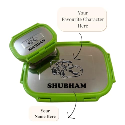 Image of Namoh Customization Personalized | Tiffin Customized Lunch Box | Personalized Lunch Box with Bottle with Name and Cartoon | Customized Tiffin with Bottle Leak Proof. (Parrot Green)